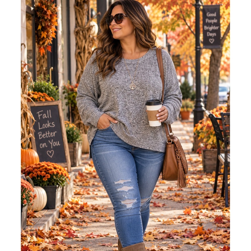 Lucky Brand Womens Gray Marl Knit Long Sleeve Crew Neck Top XXL